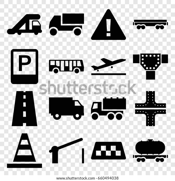 Traffic icons set. set of 16 traffic\
filled icons such as taxi, plane taking off, airport bus, truck\
crane, road, cone, cargo wagon, barrier,\
parking
