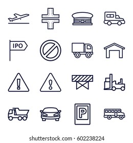 traffic icons set. Set of 16 traffic outline icons such as plane taking off, parking, barrier, garage, airport, road, truck, forklift, prohibited, car, warning, direction