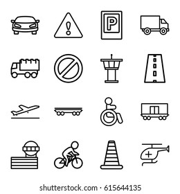 Traffic icons set. set of 16 traffic outline icons such as plane taking off, parking, disabled, cone barrier, airport tower, truck, cargo wagon, road, prohibited
