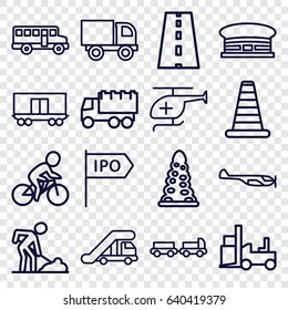 Traffic icons set. set of 16 traffic outline icons such as truck with luggage, truck crane, cone barrier, helicopter, airport, tunnel, truck, digging man, forklift