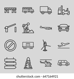 Traffic icons set. set of 16 traffic outline icons such as plane taking off, direction   isolated, helicopter, tunnel, barrier, digging man, forklift, cargo wagon, prohibited