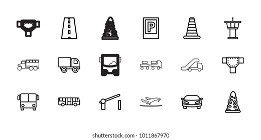 Traffic icons. set of 18 editable outline traffic icons: airport bus, parking, cone barrier, airport tower, tunnel, road, truck, barrier, car, plane taking off