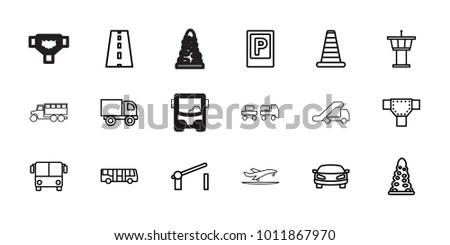 Traffic icons. set of 18 editable outline traffic icons: airport bus, parking, cone barrier, airport tower, tunnel, road, truck, barrier, car, plane taking off