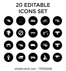 Traffic icons. set of 20 editable filled traffic icons such as plane taking off, helicopter, garage, road, truck, bus. best quality traffic elements in trendy style.