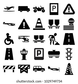 Traffic icons. set of 25 editable filled traffic icons such as parking, disabled, helicopter, barrier, tunnel, airport tower, cone, warning, bus, cargo wagon, road