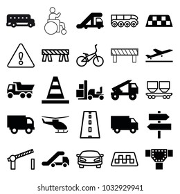 Traffic icons. set of 25 editable filled and outline traffic icons such as plane taking off, truck crane, road, cone, truck, taxi, barrier, cargo wagon, car, road barrier
