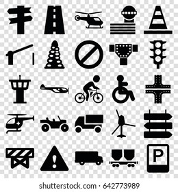 Traffic icons set. set of 25 traffic filled icons such as direction   isolated, disabled, helicopter, barrier, airport tower, tunnel, road, cone, truck, cargo wagon
