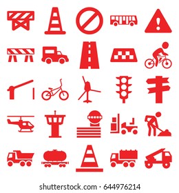 Traffic icons set. set of 25 traffic filled icons such as taxi, airport bus, cone barrier, barrier, airport tower, cone, truck, digging man, forklift, cargo wagon, road