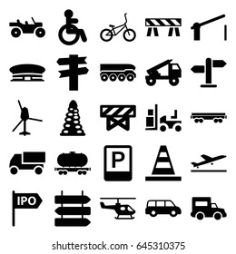 Traffic icons set. set of 25 traffic filled icons such as plane taking off, direction   isolated, disabled, barrier, airport, tunnel, cone, truck, forklift, cargo wagon