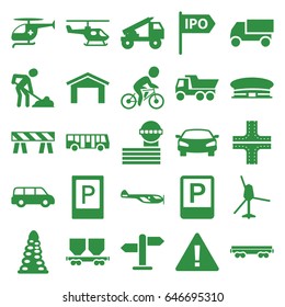 Traffic icons set. set of 25 traffic filled icons such as airport bus, parking, helicopter, garage, airport, tunnel, road, airport tower, truck, barrier, digging man