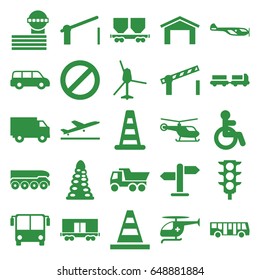 Traffic icons set. set of 25 traffic filled icons such as plane taking off, airport bus, disabled, truck with luggage, cone barrier, helicopter, garage, tunnel, airport tower