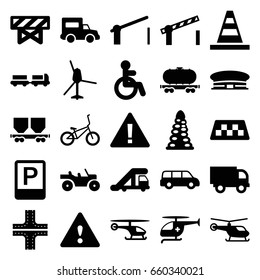 Traffic icons set. set of 25 traffic filled icons such as taxi, disabled, truck with luggage, truck crane, helicopter, barrier, airport, tunnel, road, cone, cargo wagon