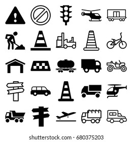 Traffic icons set. set of 25 traffic filled and outline icons such as taxi, plane taking off, cone barrier, helicopter, garage, cone, truck, digging man, cargo wagon