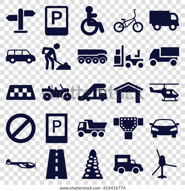 Traffic icons set.\
set of 25 traffic filled icons such as taxi, parking, disabled,\
truck crane, helicopter, garage, tunnel, road, truck, digging man,\
forklift, prohibited,\
car