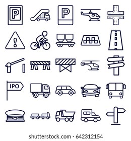 Traffic icons set. set of 25 traffic outline icons such as taxi, airport bus, parking, truck with luggage, truck crane, barrier, airport, road, truck, cargo wagon, car