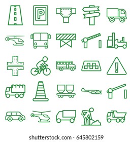 Traffic icons set. set of 25 traffic outline icons such as taxi, airport bus, parking, cone barrier, helicopter, barrier, road, truck, digging man, forklift, cargo wagon