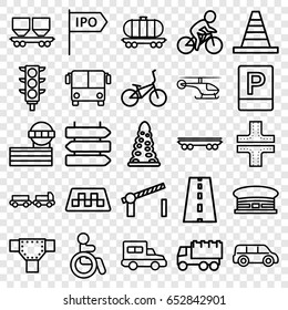 Traffic icons set. set of 25 traffic outline icons such as taxi, airport bus, direction   isolated, disabled, truck with luggage, airport, tunnel, road, airport tower, cone