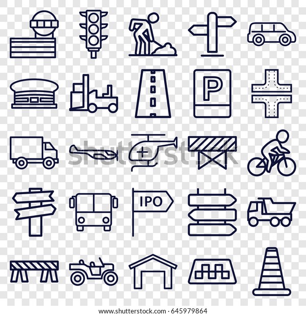 Traffic icons set.\
set of 25 traffic outline icons such as taxi, airport bus,\
direction   isolated, cone barrier, helicopter, barrier, garage,\
airport, road, airport\
tower