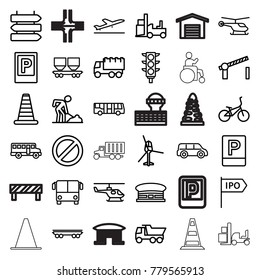 Traffic icons. set of 36 editable outline traffic icons such as plane taking off, airport bus, parking, direction   isolated, cone barrier, helicopter, airport, truck