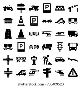 Traffic icons. set of 36 editable filled traffic icons such as taxi, airport bus, parking, truck with luggage, truck crane, road, barrier, direction, car, cargo wagon