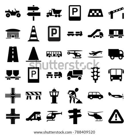 Traffic icons. set of 36 editable filled traffic icons such as taxi, airport bus, parking, truck with luggage, truck crane, road, barrier, direction, car, cargo wagon