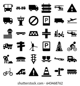 Traffic icons set. set of 36 traffic filled icons such as taxi, plane taking off, airport bus, parking, direction   isolated, truck with luggage, truck crane, helicopter