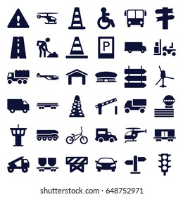 Traffic icons set. set of 36 traffic filled icons such as airport bus, parking, direction   isolated, disabled, cone barrier, helicopter, barrier, garage, airport tower
