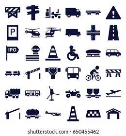 Traffic icons set. set of 36 traffic filled icons such as taxi, plane taking off, airport bus, parking, disabled, truck with luggage, cone barrier, helicopter, barrier, garage