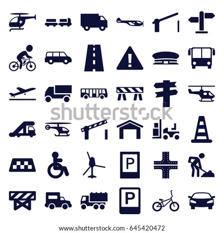 Traffic icons set. set of 36 traffic filled icons such as taxi, plane taking off, airport bus, parking, disabled, truck with luggage, truck crane, cone barrier, helicopter