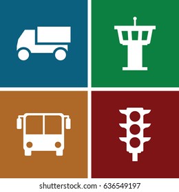Traffic icons set. set of 4 traffic filled icons such as airport bus, airport tower, truck