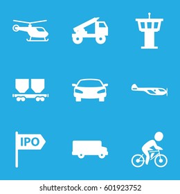 traffic icons set. Set of 9 traffic filled icons such as helicopter, airport tower, cargo wagon, car, bicycle, direction, truck rocket