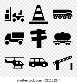 Traffic icons set. set of 9 traffic filled icons such as cone, truck, forklift, cargo wagon, road barrier, weapon truck, helicopter, direction