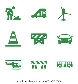 Traffic icons set. set of 9 traffic filled icons such as airport bus, truck crane, barrier, cone, digging man, car