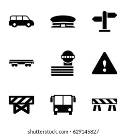 Traffic icons set. set of 9 traffic filled icons such as airport bus, barrier, airport, airport tower, cargo wagon, warning, direction