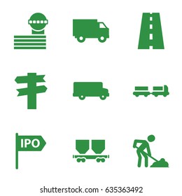 Traffic icons set. set of 9 traffic filled icons such as truck with luggage, airport tower, digging man, cargo wagon, road, direction, truck