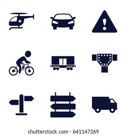 Traffic icons set. set of 9 traffic filled icons such as direction   isolated, road, cargo wagon, medical helicopter, car, warning, bicycle, direction