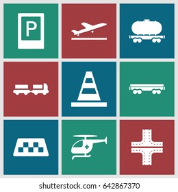 Traffic icons set. set of 9 traffic filled icons such as taxi, plane taking off, parking, truck with luggage, road, cone, cargo wagon