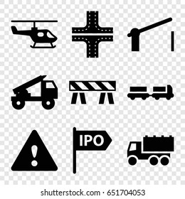 Traffic icons set. set of 9 traffic filled icons such as truck with luggage, road, truck, barrier, warning, direction, truck rocket