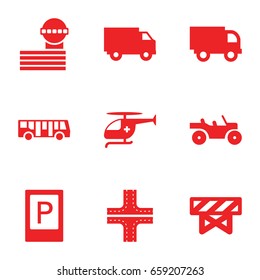 Traffic icons set. set of 9 traffic filled icons such as airport bus, parking, barrier, road, airport tower, medical helicopter, weapon truck