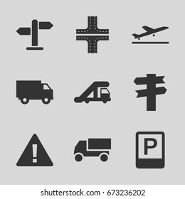Traffic icons set. set of 9 traffic filled icons such as plane taking off, truck crane, road, truck, parking, direction