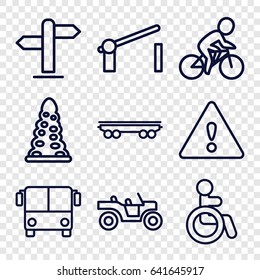 Traffic icons set. set of 9 traffic outline icons such as airport bus, disabled, tunnel, cargo wagon, barrier, warning, direction, weapon truck