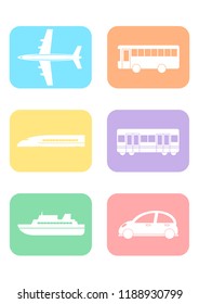 Traffic icons set: airplane, ship, car, train, bus