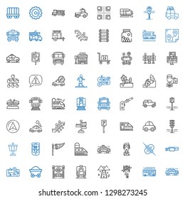 traffic icons set. Collection of traffic with car, bus, helicopter, road, train, subway entrance, wagon, gps, belt, collision, marshall, taxi. Editable and scalable traffic icons.