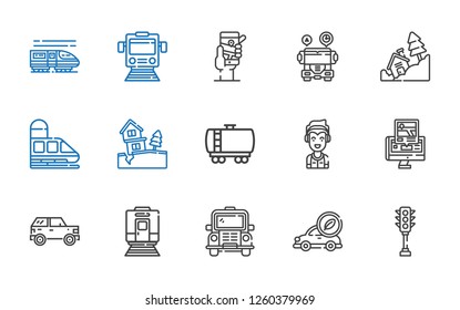 traffic icons set. Collection of traffic with traffic light, electric car, bus, train, car, gps, marshall, fuel truck, landslide, school bus. Editable and scalable traffic icons.