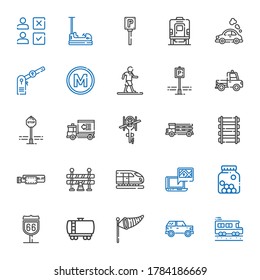 Verkehrssymbole gesetzt. Erfassung des Verkehrs mit Schulbus, Auto, Windzeichen, Tankwagen, Strecke, Zapfen, GPS, Zug, Verkehrsbarriere, Gürtel, Schiene. Bearbeitbare und skalierbare Symbole.