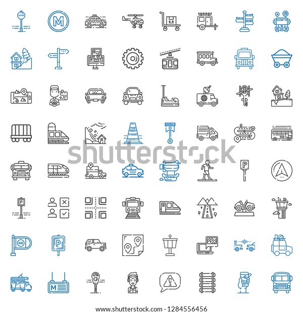 traffic icons set.\
Collection of traffic with school bus, gps, rail, risk, marshall,\
parking meter, metro, trailer, car, control tower, route. Editable\
and scalable traffic\
icons.