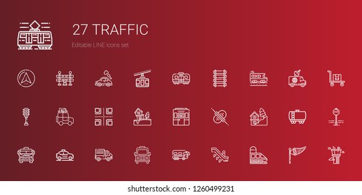 traffic icons set. Collection of traffic with train, escalator, bus, van, delivery truck, taxi, school bus, landslide, collision, crossroads. Editable and scalable traffic icons.