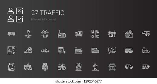 traffic icons set. Collection of traffic with van, walking, train, tram, gps, trailer, cones, risk, school bus, taxi, electric car, route. Editable and scalable traffic icons.