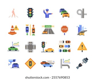 Traffic icons set. Colorful signs with Highway, Crossroads, Traffic Light, Traffic Jam, Seat Belt and Road Network. Design elements for app. Flat vector illustration collection isolated on background