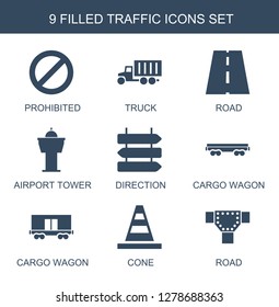traffic icons. Trendy 9 traffic icons. Contain icons such as prohibited, truck, road, airport tower, direction, cargo wagon, cone. traffic icon for web and mobile.
